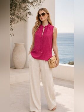 Ann Mashburn Linen Top Womens Large Pink Sleeveless Split Neck Lightweight